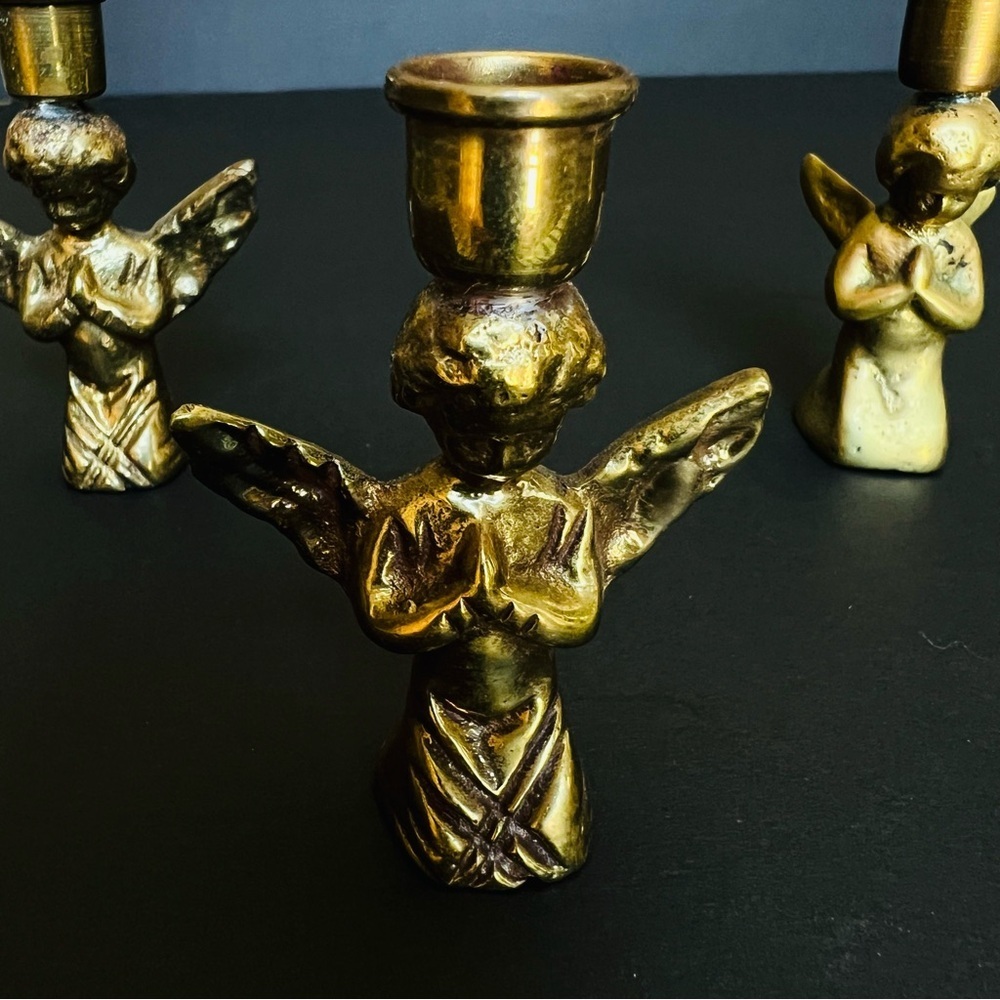 Beautiful Set of 4 Solid Brass Heavy Praying Angels Candlestick Candle Holders.